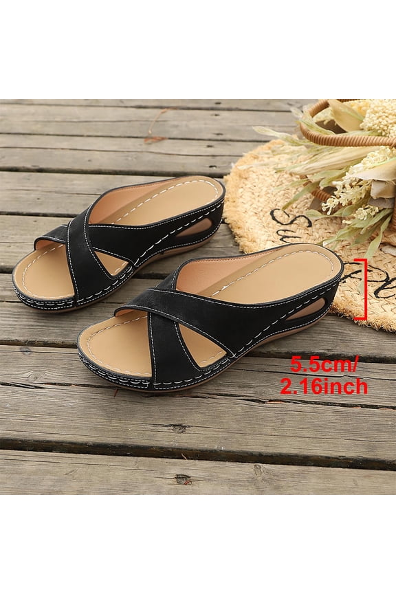 Womens Cross Wedge Sandals Summer Slippers Crisscross Strap Mules PU Leather Non Slip Summer Trendy Casual Beach Shoes Black 36