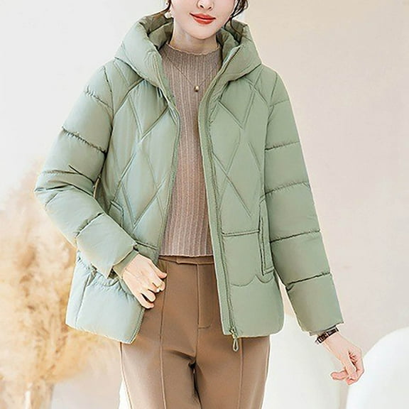CQONEPT Womens Down Coats Quilted Puffer Hooded Jacket Padded Full Zip Up Overcoat Cozy Casual Winter Overcoat with Pockets Green XL
