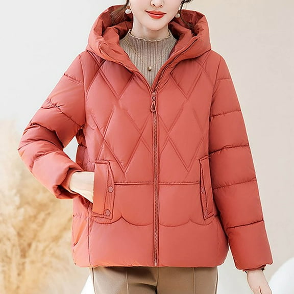 CQONEPT Womens Down Coats Quilted Puffer Hooded Jacket Padded Full Zip Up Overcoat Cozy Casual Winter Overcoat with Pockets Orange XL