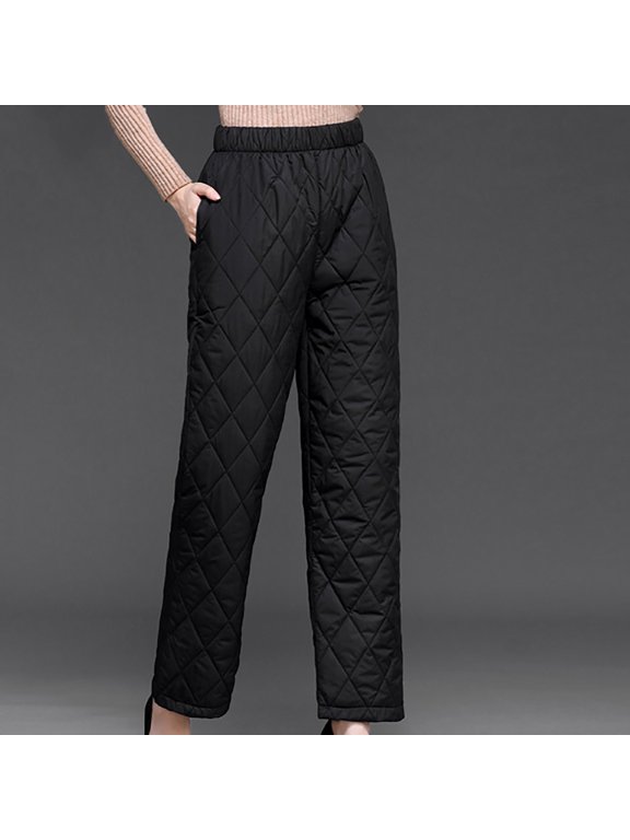 Womens Down Pant Elastic Waisted High Waist Quilted Puffer Padded Pant Thicken Warm Comfy Workouts Trousers Black L