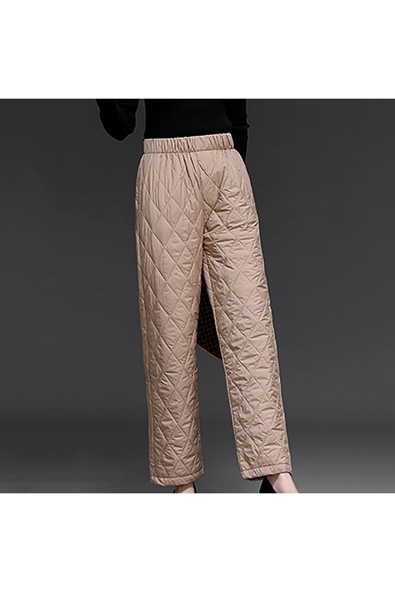 Womens Down Pant Elastic Waisted High Waist Quilted Puffer Padded Pant Thicken Warm Comfy Workouts Trousers Khaki M