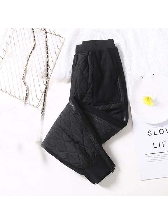Womens Down Pants Puff Quilted Cozy Soft Warm Padded Pant Elastic Waisted Thermal Trousers with Pockets Black 2XL