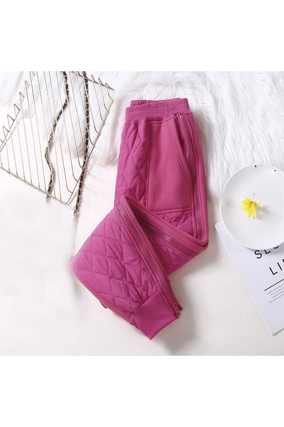 Womens Down Pants Puff Quilted Cozy Soft Warm Padded Pant Elastic Waisted Thermal Trousers with Pockets Hot Pink L
