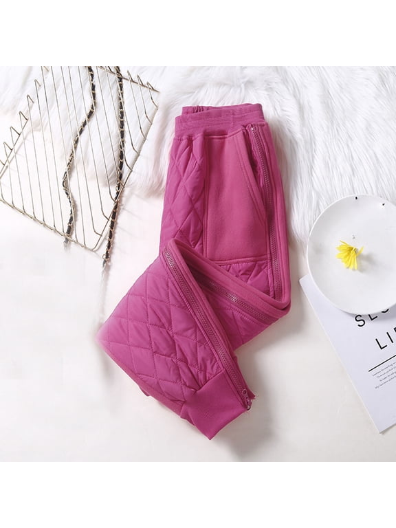 Womens Down Pants Puff Quilted Cozy Soft Warm Padded Pant Elastic Waisted Thermal Trousers with Pockets Hot Pink L