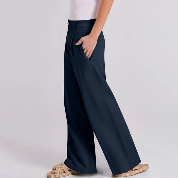 CQONEPT Womens Dress Pants Office Slacks Straight Leg Pants with Pockets Button Wide Leg Loose Fit Trousers with Pockets Navy M