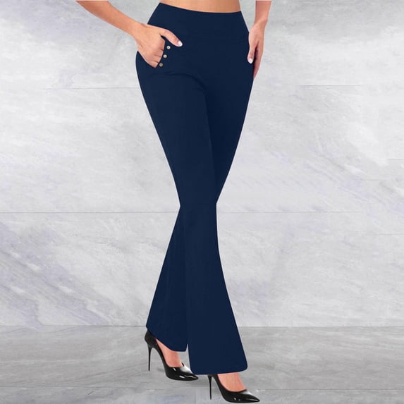 CQONEPT Womens Dress Pants Wide Leg Tummy Control Stretch High Waist Business Casual Pant Comfy Flare Yoga Pant with Pocket Navy L