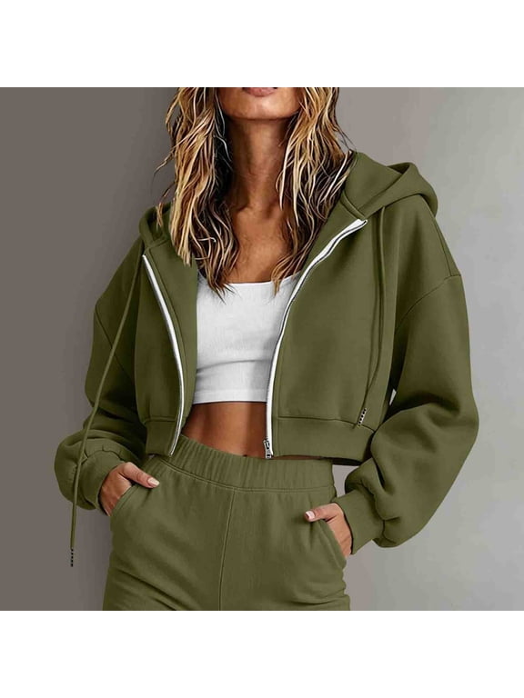 Womens Essentials Hoodie Crop Sweatshirts Full Zip Fleece Lined Hooded Jacket Comfy Streetwear Fall Outfit Army Green L