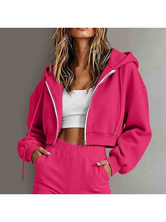 Womens Essentials Hoodie Crop Sweatshirts Full Zip Fleece Lined Hooded Jacket Comfy Streetwear Fall Outfit Hot Pink L