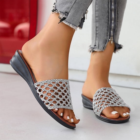 CQONEPT Womens Fashion Casual Spring And Summer Comfortable Woven Hollow Breathable Round Toe Open Toe Thick Wedge Heel Slippers Silver 38