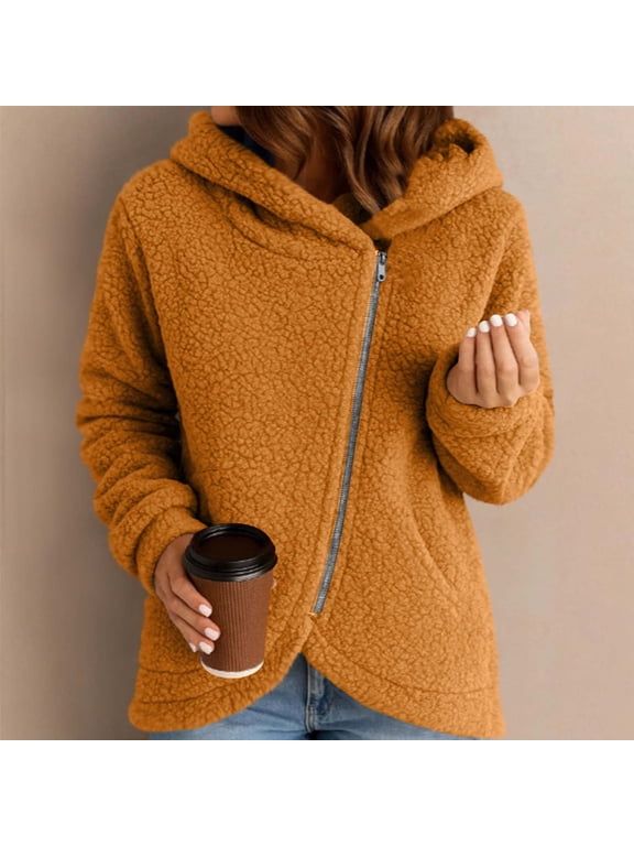 Womens Fashion Sherpa Jackets Asymmetrical Zipper Fuzzy Fleece Coats Casual Long Sleeve Winter Warm Hoodies Jacket Orange S