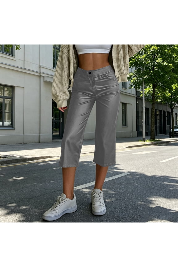 Womens Faux Leather Capri Pants High Waisted Button Down Skinny Cropped Pants Straight Leg Going Out Fashion Pants Gray S