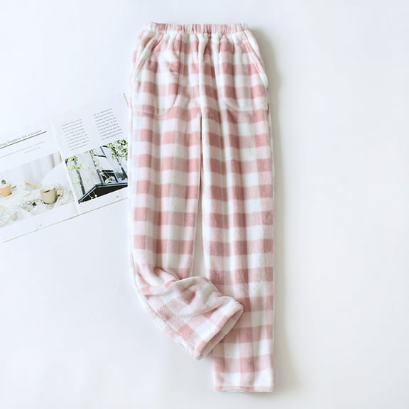 CQONEPT Womens Flannel Pajama Pants with Pocket Plaid Sherpa Fleece Pajama Bottom Outdoor Streetwear Pant Pink M