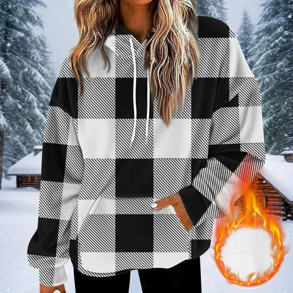 CQONEPT Womens Flannel Sweatshirts Drawstring Plaid Hoodies Fall Winter Pullover Dressy Casual Clothes with Pockets Black 2XL