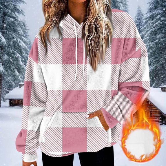 CQONEPT Womens Flannel Sweatshirts Drawstring Plaid Hoodies Fall Winter Pullover Dressy Casual Clothes with Pockets Pink S