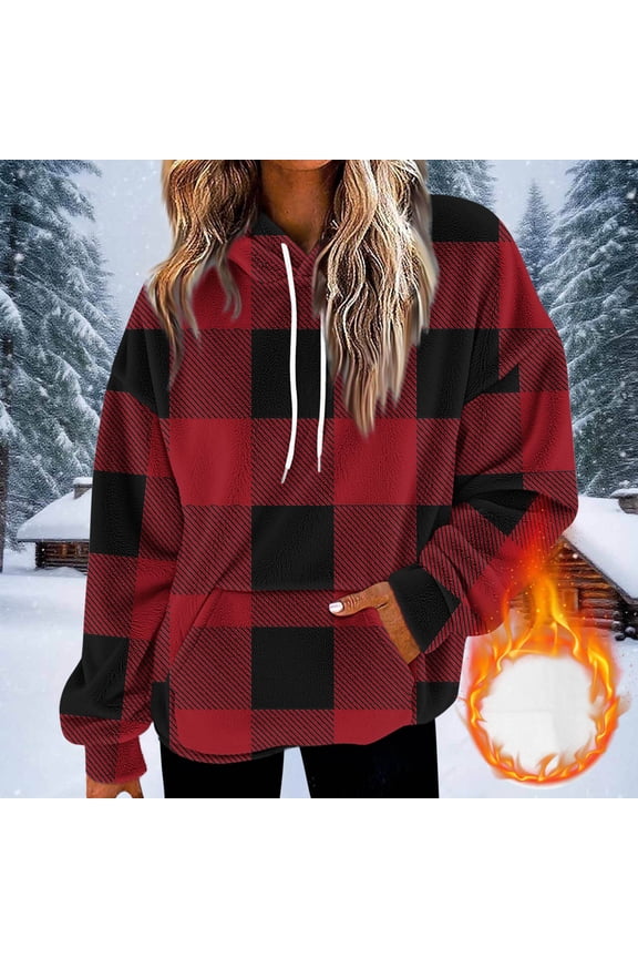 Womens Flannel Sweatshirts Drawstring Plaid Hoodies Fall Winter Pullover Dressy Casual Clothes with Pockets Red M
