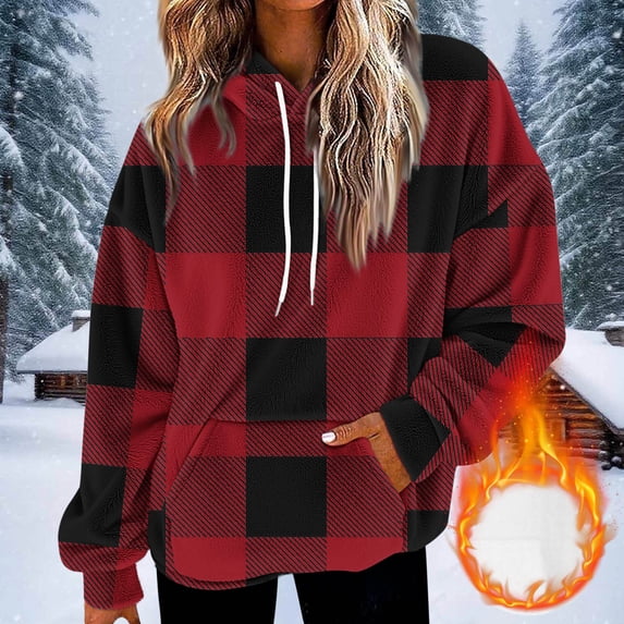 CQONEPT Womens Flannel Sweatshirts Drawstring Plaid Hoodies Fall Winter Pullover Dressy Casual Clothes with Pockets Red S