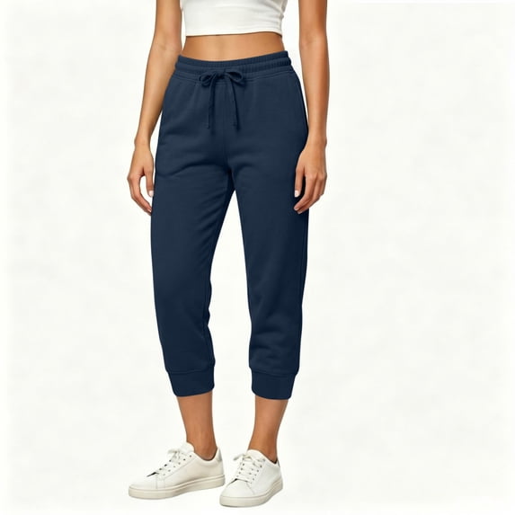 CQONEPT Womens Fleece Capri Sweatpants Lounge Running Joggers Jogger Workout Loose Fit Drawstring Capri with Pockets Navy 2XL