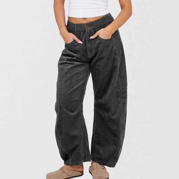 CQONEPT Womens Fleece Lined Pant High Waist Elastic Waisted Pants Wide Leg Fleece Casual Loose Winter Trousers with Pockets Dark Gray M