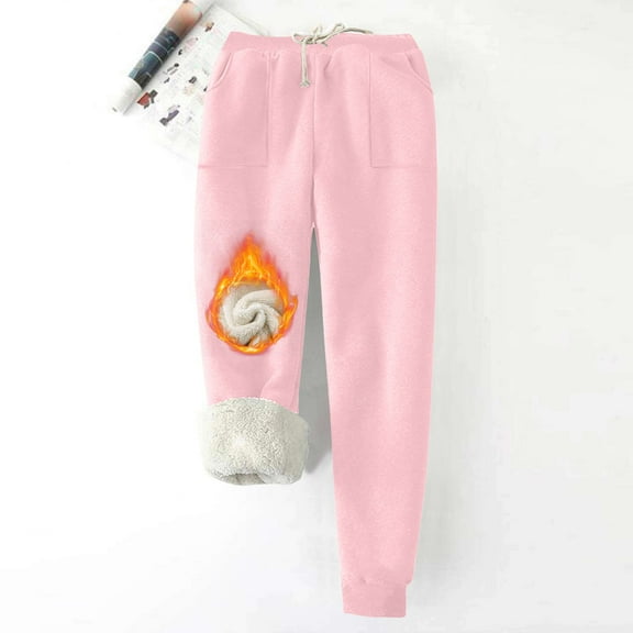 CQONEPT Womens Fleece Lined Sweatpants Drawstring Casual Jogger Pant Comfy Thick Thermal Winter Pant with Pocket Pink 2XL