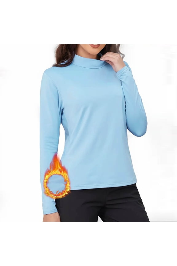 Womens Fleece Lined Tops Turtleneck Stretchy Undershitrts Slim Fit Fall Winter Long Sleeve Shirts Light Blue M