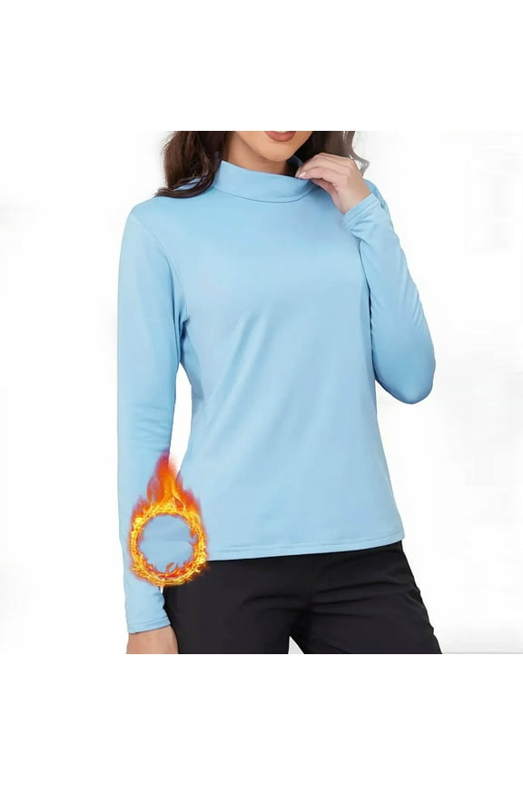 Womens Fleece Lined Tops Turtleneck Stretchy Undershitrts Slim Fit Fall Winter Long Sleeve Shirts Light Blue S