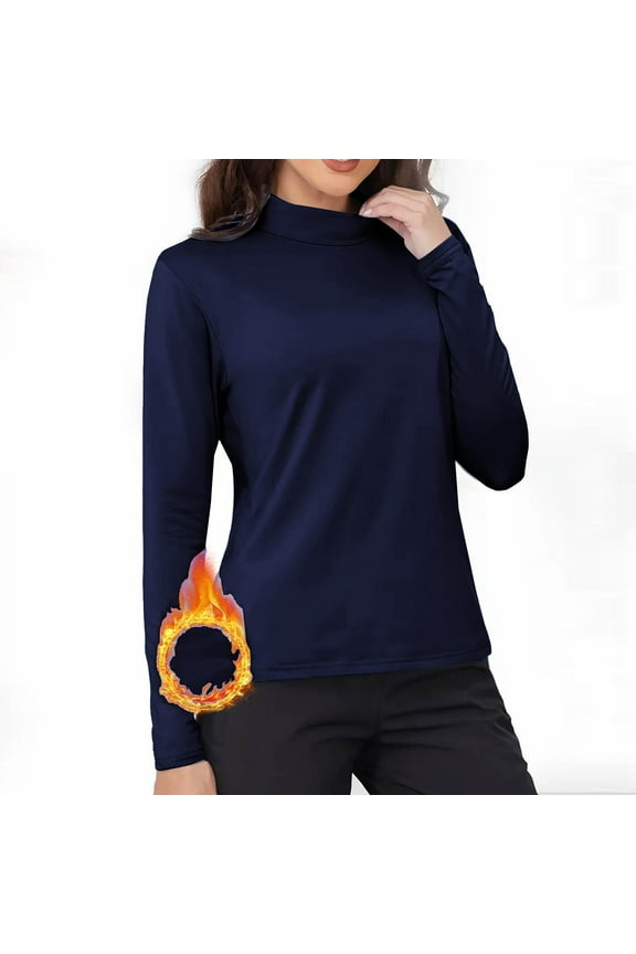 Womens Fleece Lined Tops Turtleneck Stretchy Undershitrts Slim Fit Fall Winter Long Sleeve Shirts Navy L