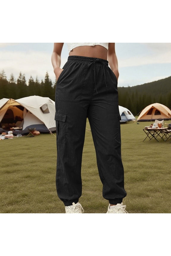 Womens Cargo Pants Hiking Camping Casual Pants with Multi Pockets Drawstring Elastic Waisted Sports Running Trousers Black L