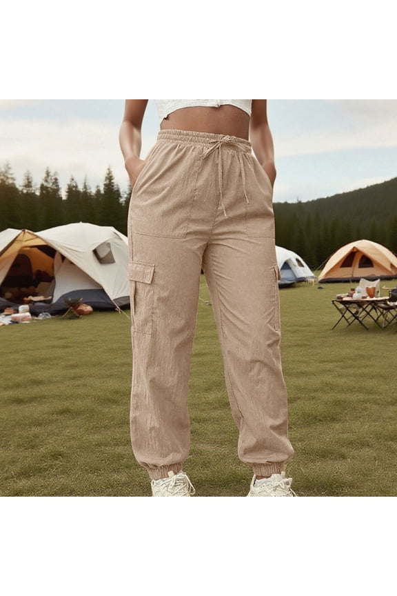 Womens Cargo Pants Hiking Camping Casual Pants with Multi Pockets Drawstring Elastic Waisted Sports Running Trousers Khaki XXL
