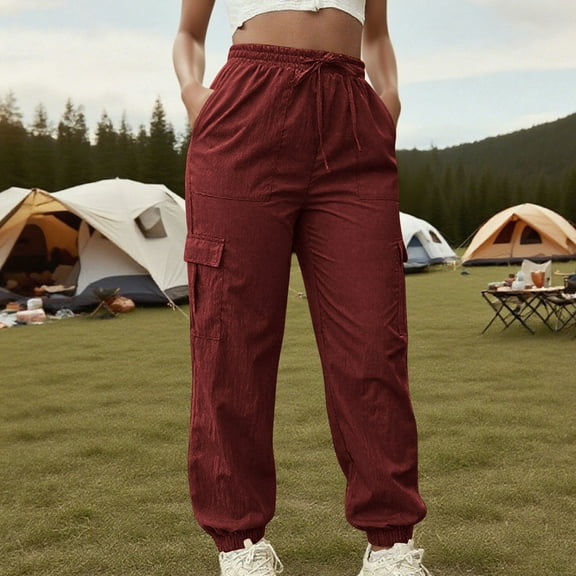 CQONEPT Womens Cargo Pants Hiking Camping Casual Pants with Multi Pockets Drawstring Elastic Waisted Sports Running Trousers Wine L