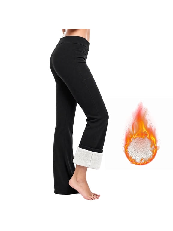 Womens Fleece Lined Yoga Pants with Pockets Tummy Control Leggings High Waist Thermal Winter Pants Casual Daily Wear S