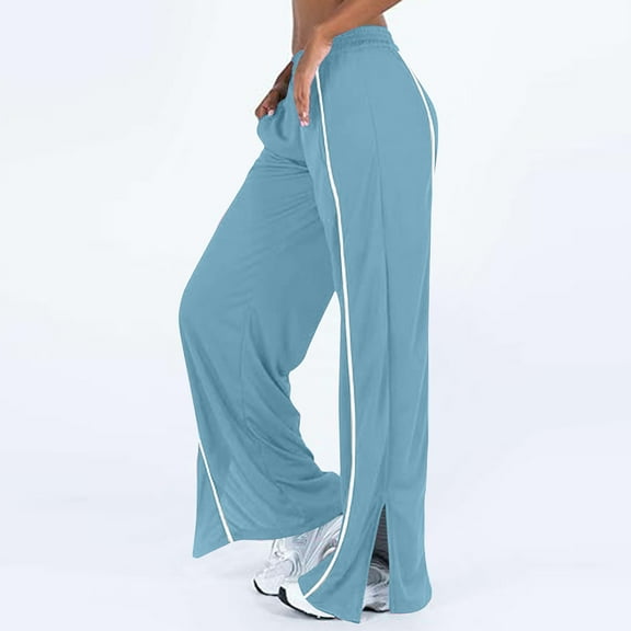 CQONEPT Womens Fleece Sweatpants Casual Outfits Baggy Side Striped Pant High Waist Wide Leg Sports Running Trousers Light Blue S