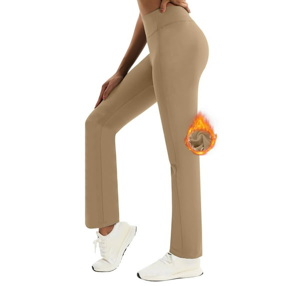 CQONEPT Womens Fleece Yoga Pants High Waist Straight Leg Leggings Lounge Butt Lifting Warm Outdoor Pant Khaki S