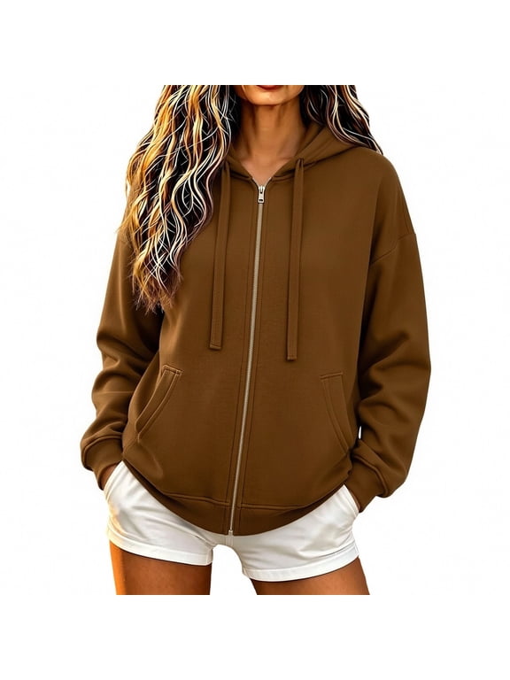 Womens Full Zip Essentials Hoodie Long Sleeve Jackets Lightweight Fleece Comfy Fall Winter Hooded Sweatshirts with Pockets