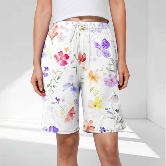 CQONEPT Womens Half Pants Leisure Loose Fit Elastic Waist Shorts Drawstring Fashion Printed Floral Vacation Shorts Multicolor XL