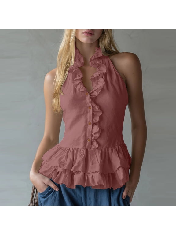 Womens Halter Tank Top Cotton Linen Ruffle Layered Peplum Blouses Button Down V Neck Backless Sleeveless Going Out Shirt Watermelon Red S