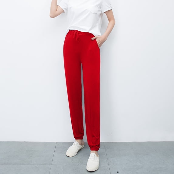 CQONEPT Womens Harem Pants with Pockets Drawstring Yoga Pants Lightweight Slimming Workouts Trousers with Pockets Red M