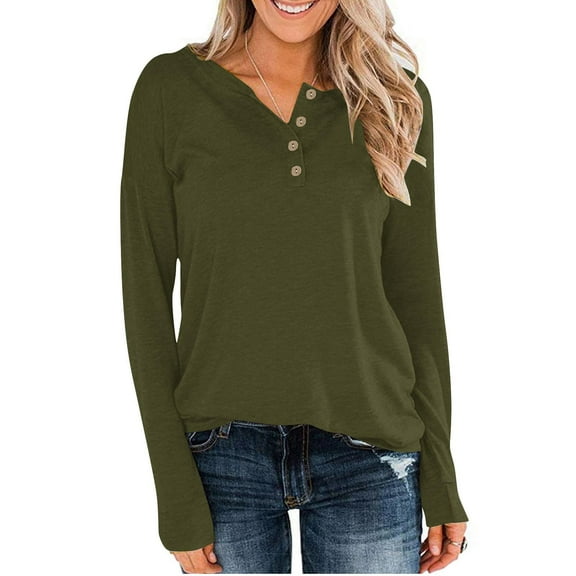 CQONEPT Womens Henley Shirts V Neck Long Sleeve Tunic Tops Button Solid Color Pullover Comfy Going Out Tops Army Green M