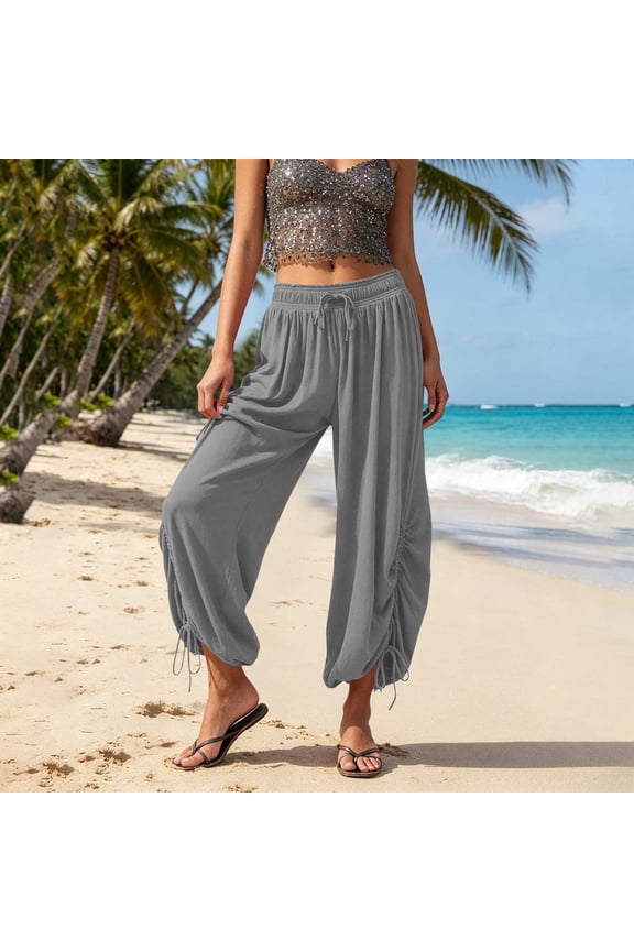 Womens High Waisted Drawstring Side Tie Knot Pant Fall Soft Palazzo Pants Beach Casual Baggy Trousers Gray 2XL
