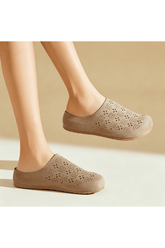 Womens Hollow Closed Toe Flat Mules Comfortable Slip On Shoes Lightweight Footwear Casual Summer Office Outdoor Walking Wear Flats Khaki 36