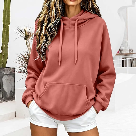 CQONEPT Womens Hoodie Fleece Sweatshirts Long Sleeve Pullover with Pocket Hooded Neck Sweatshirt Drawstring Pullover Tops Winter Clothes Pink XL