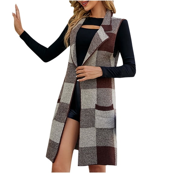 CQONEPT Womens Jacket Coat Plaid Vest Casual Lapel Open Front Sleeveless Jackets Cardigan with Pockets Long Suit Collar Brown S