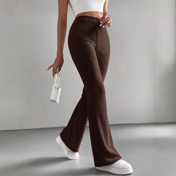 CQONEPT Womens Knit Pants Ribbed Lounge High Waist Bell Bottom Pants Lightweight Comfy Fashion Outdoor Trousers Coffee M