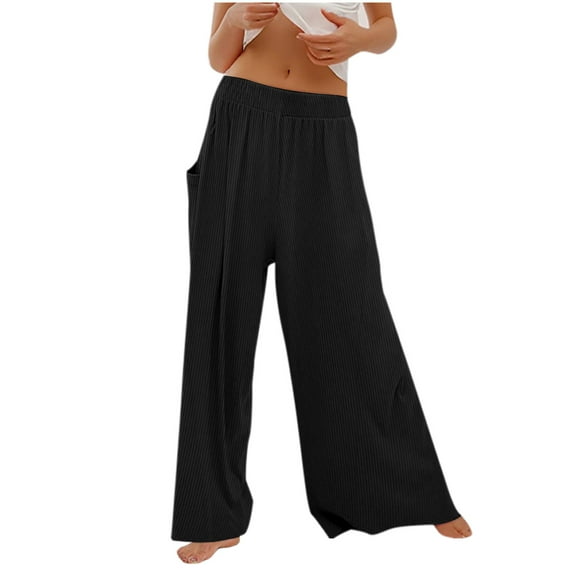 CQONEPT Womens Knit Pants Ribbed Stretchy Flowy Lounge Pant High Waist Lightweight Trousers with Pocket Black XL