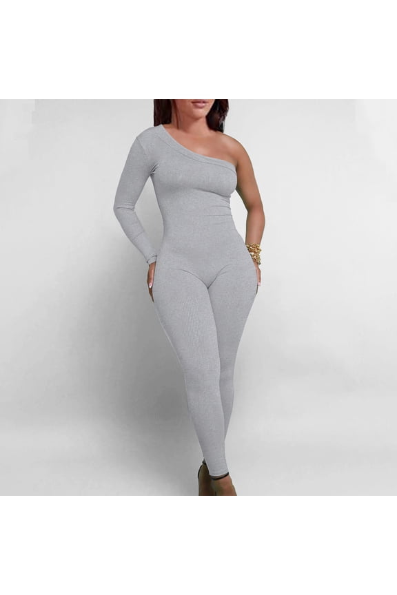 Womens Knit Romper Off One Shoulder Compression Casual Coveralls Ribbed Stretchy Trendy Streetwear Pants Gray S