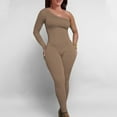 thumbnail image 1 of CQONEPT Womens Knit Romper Off One Shoulder Compression Casual Coveralls Ribbed Stretchy Trendy Streetwear Pants Khaki XL, 1 of 5