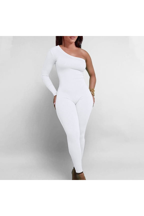 Womens Knit Romper Off One Shoulder Compression Casual Coveralls Ribbed Stretchy Trendy Streetwear Pants White M