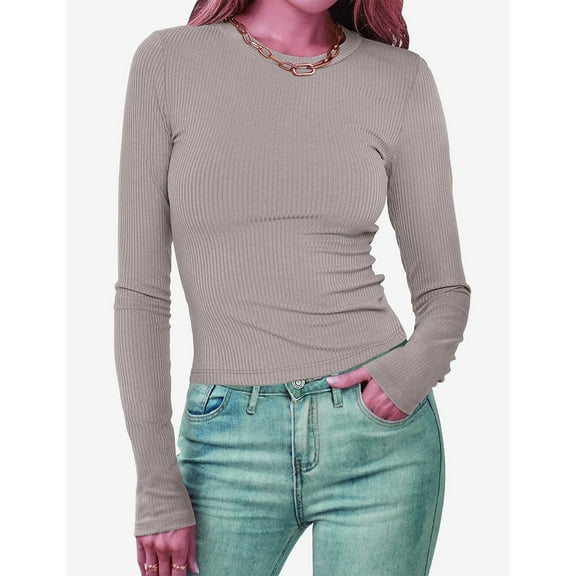 CQONEPT Womens Knit Sweaters Crewneck Ribbed Long Sleeve Shirts Skinny Comfy Undershitrts Casual Fall Winter Tops Gray M