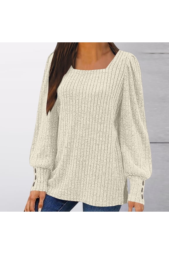 Womens Knit Sweaters Fall Winter Ribbed Tunic Tops Crewneck Balloon Lounge Loose Fit Long Sleeve Shirts Beige M