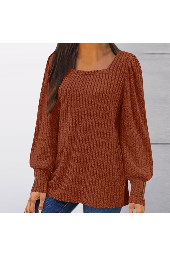 Womens Knit Sweaters Fall Winter Ribbed Tunic Tops Crewneck Balloon Lounge Loose Fit Long Sleeve Shirts Brown L