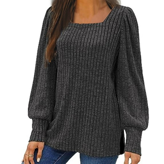 CQONEPT Womens Knit Sweaters Square Neck Long Sleeve Tunic Tops Ribbed Casual Fall Winter Pullover Tops Black 2XL